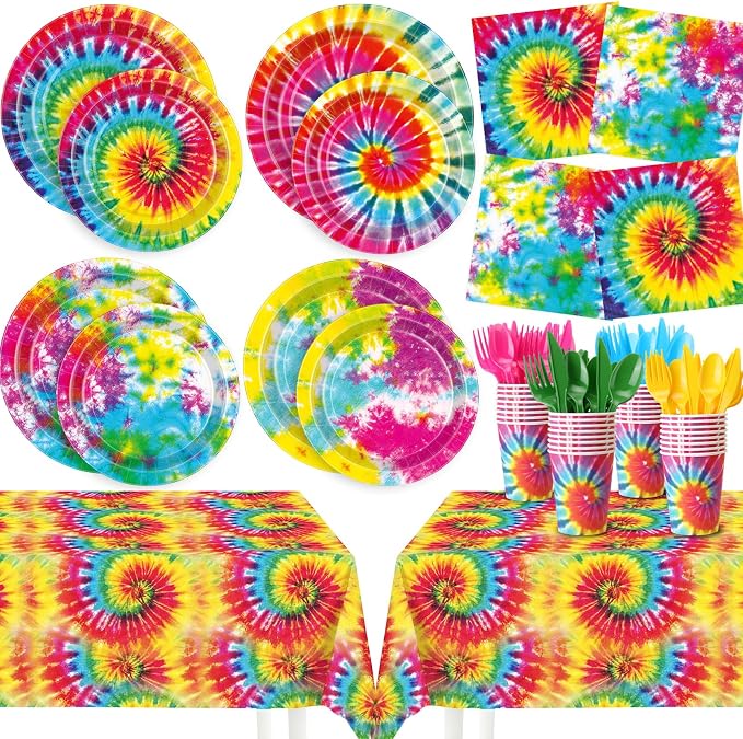 Ceenna 390 Pcs Tie Dye Party Supplies for 48 Guests, Tie Dye Paper Plates Napkins Cups Tablecloth Cutlery Disposable Tableware Set for Birthday Baby Shower Party