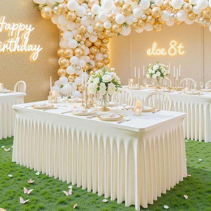 gogoparti 6 Pack Spandex Ivory Fitted Table Cloth for 8ft Rectangle Tables Ivory Stretch Tablecloth Banquet Table Covers Skirt Wrinkle Free Tablecloths for Parties Wedding