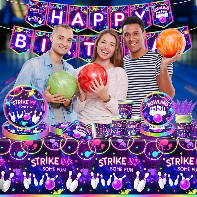 Bowling Birthday Tableware 142Pcs Let's Strike Up Some Fun Bowling Party Decorations Rainbow Neon Glow Girls Birthday Party Favors Disposable Plates,Tablecloth,Napkins,Cups,Forks and Knives