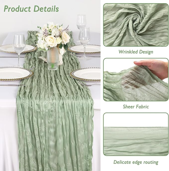Sage Green Cheesecloth Table Runner 120 Inch 10FT Cheese Cloth Runners 1 Pack for Baby Shower, Boho Decor, Wedding Decoration, Jungle Theme Party