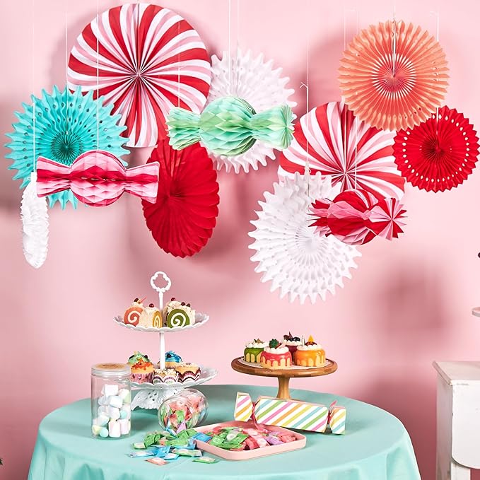PAPER JAZZ 12pcs Candy Paper Fans Christmas Decoration,Candy Honeycomb Christmas Decorations,White and Red Xmas Decoration Wall/Ceiling for Classroom,Bulletin Board,Winterwonderland,Office Decor.