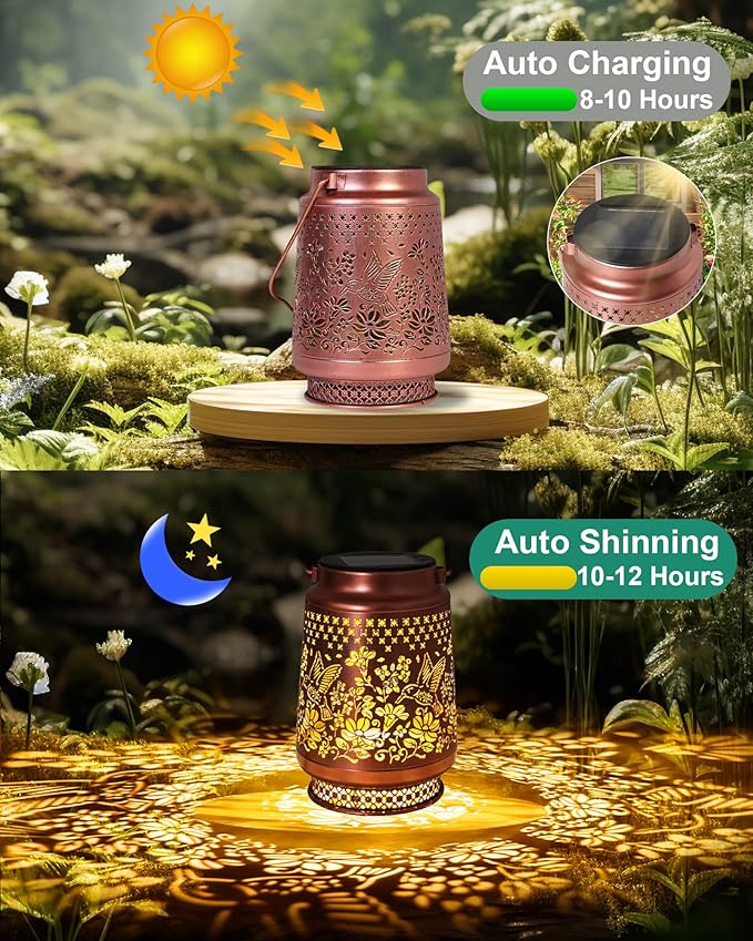 Solar Lanterns Outdoor Waterproof Hummingbird Elegant Garden Decor Birthday Gifts for Women Mom Grandma Sister Metal Hanging Solar Lights Outside Gardening Decorations for Backyard, Patio, Lawn, Porch
