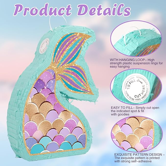 Mermaid Tail Pinata - Mermaid Pinata with Blindfold and Bat for Girls Kids Ocean Theme Birthday Party Game Decorations (Small Size 17”x12”x3”)