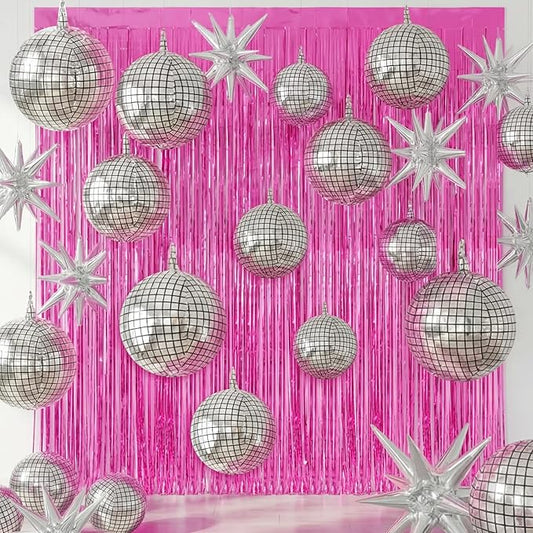 Seenelling 24 Pcs Party Decoration Sets 22'' 4D Ball Star Balloons Metallic Tinsel Foil Fringe Curtains for Western Cowgirl Bride to Be Bachelorette(Hot Pink,Cowgirl Style)