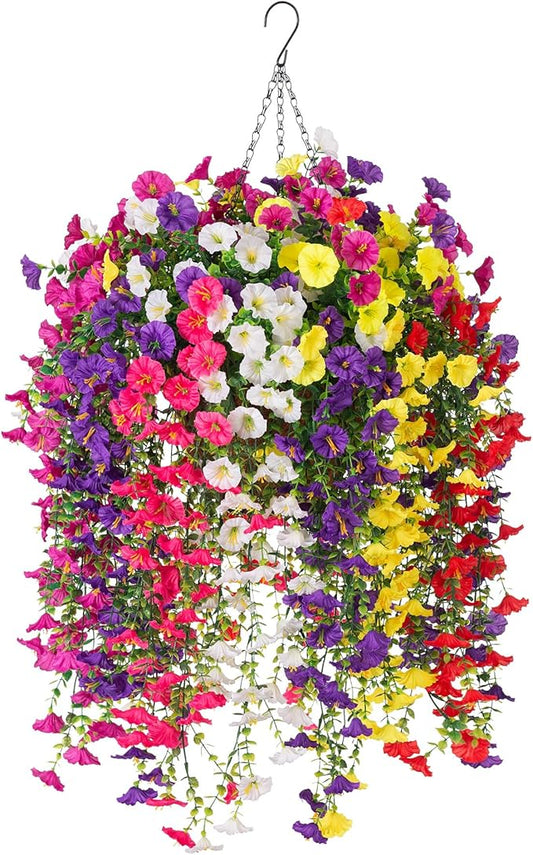 INXUGAO Artificial Flowers with Hanging Basket, Outdoor Faux Plants Silk Morning Glory Vines, Fake Petunias for Garden Patio Spring Summer Decor, 12 pcs Mixed Color