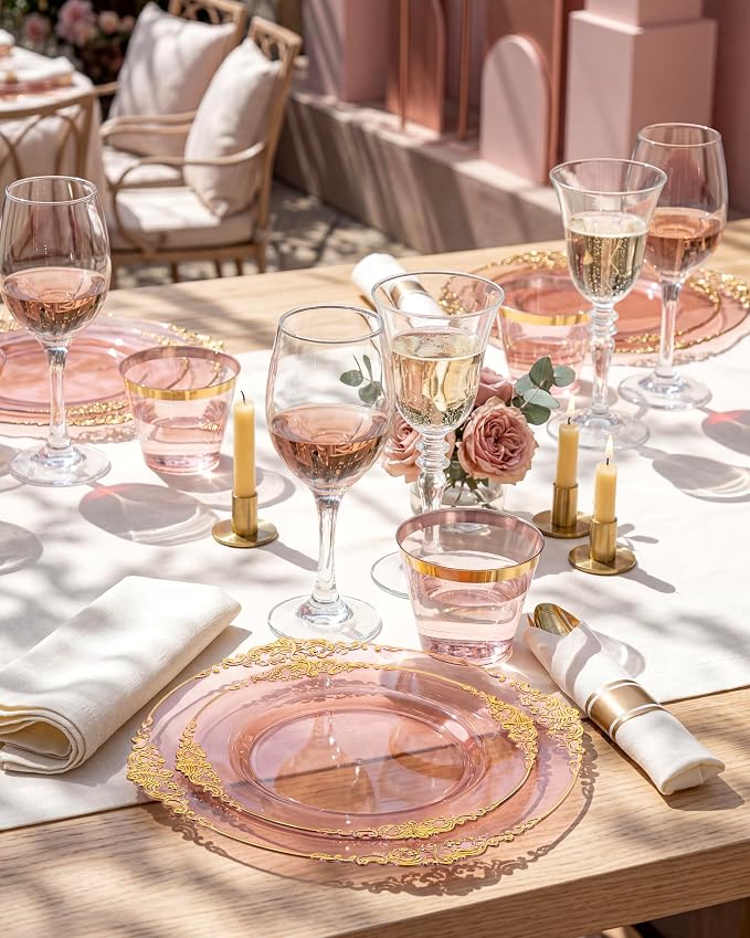 Hioasis 350pcs Burgundy and Gold Plates - Burgundy Plates for 50 Guest, Include 100 Heavy-duty Plates(20% Thicker Than Standard), 150 Cutlery Set, 50 Pre Rolled Gold Plastic Silverware Set, 50 Cups