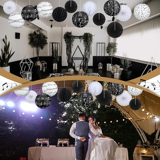 Baquler 18 Pcs Music Party Decoration Hanging Paper Lantern Music Notes Fans Black and White Honeycomb Ball for Rock Roll Concert 50's Theme Party Ceiling Decor Supplies