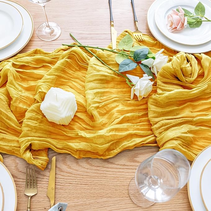 Wokceer Cheesecloth Table Runner 120 Inch Gold Boho Gauze Spring Easter Cheese Cloth Table Runner for Party Valentine's Day Long Rustic Sheer Table Runners for Baby Bridal Shower Wedding Table