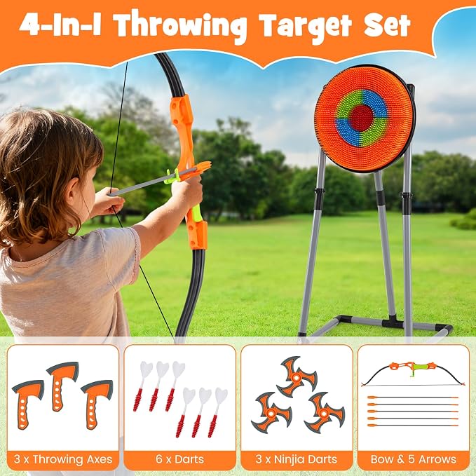 Costzon Axe Throwing Target Game for Backyard, 4 in 1 Kids Throwing Game w/5 Arrows, 3 Throwing Axes, 3 Ninja Darts, 3 Darts, Bristle Target & a Bow -Boys & Girls Indoor Outdoor Carnival Game Gifts