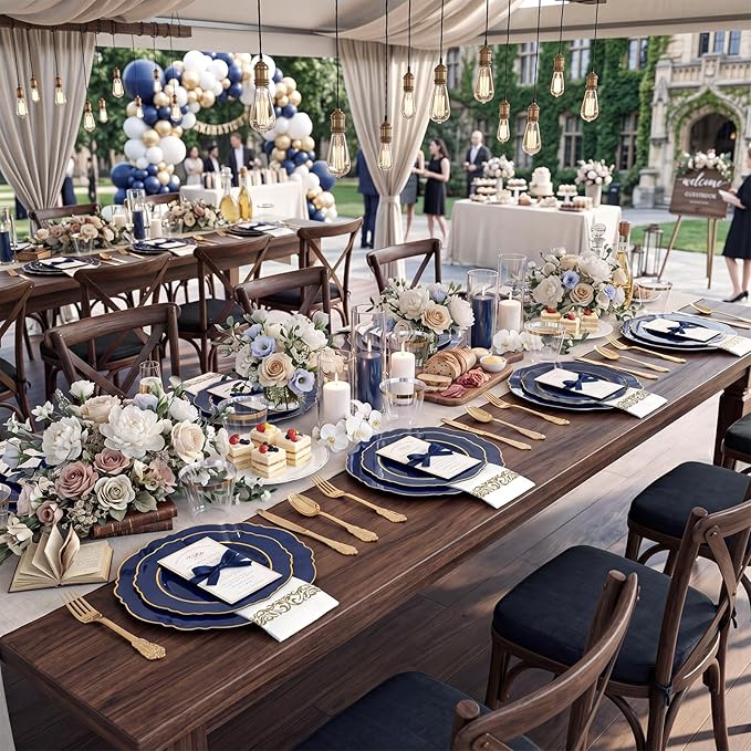KIRE 210Pcs Navy Blue Plastic Plates - Blue and Gold Plates Disposable - 30guest Baroque Plastic Dinnerware for Upscale Wedding/Parties/Passover/Graduation