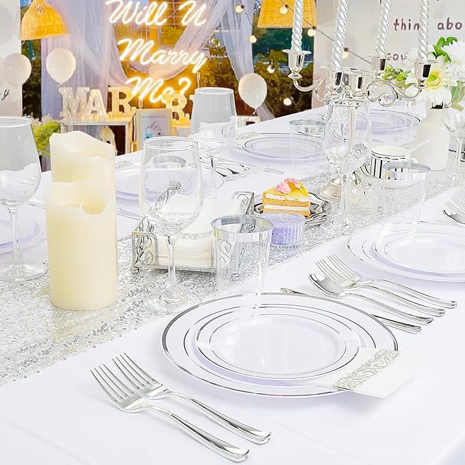 Supernal 400pcs Silver Plastic Dinnerware Set Heavy Duty Disposable Plates Include Silver Plastic Dessert Plates,50 Spoons & Knives & Cups & Napkins & 100 Forks,Prfect For Party and Wedding