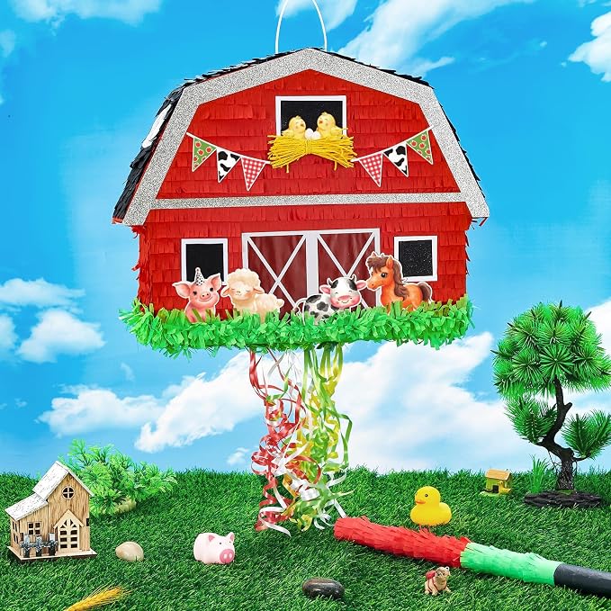 WERNNSAI Red Farm Animal Piñata - Farm Baby Shower Decorations Animal Piñata Party Game for Kids Birthday Celebrations Milk Farm Party Favor Supply with Bat Blindfold