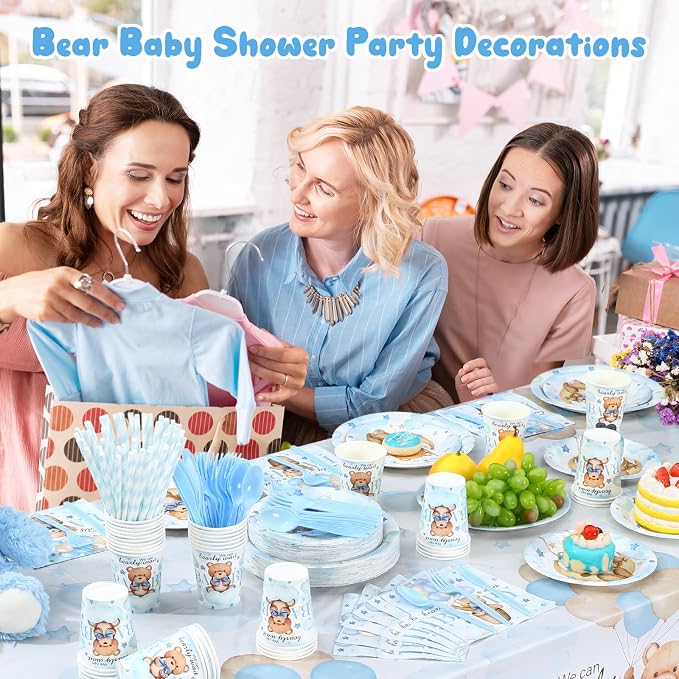 Funnymoom 452 Pcs 50 Guests We Can Bearly Wait Baby Shower Decorations Boy, Blue Baby Boy Shower Paper Plates Napkins Cups Tablecloth Cutlery Straws Tableware Set for Gender Reveal Party Supplies