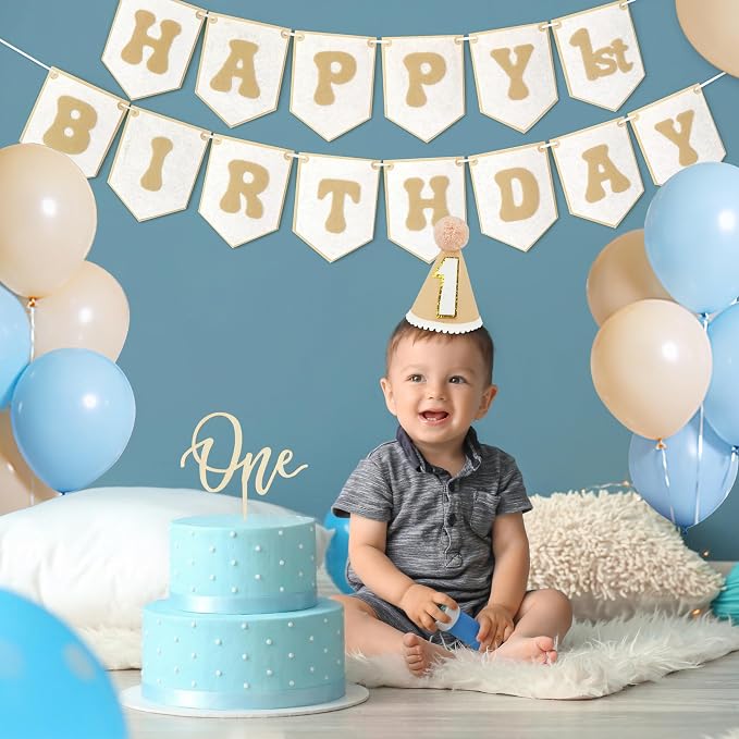 THAWAY 1st Birthday Decorations Boy, First Birthday Becorations for Boy and Girl with Banner, One High Chair Banner, Hat and Wood Cake Topper for One Year Old Party Decor