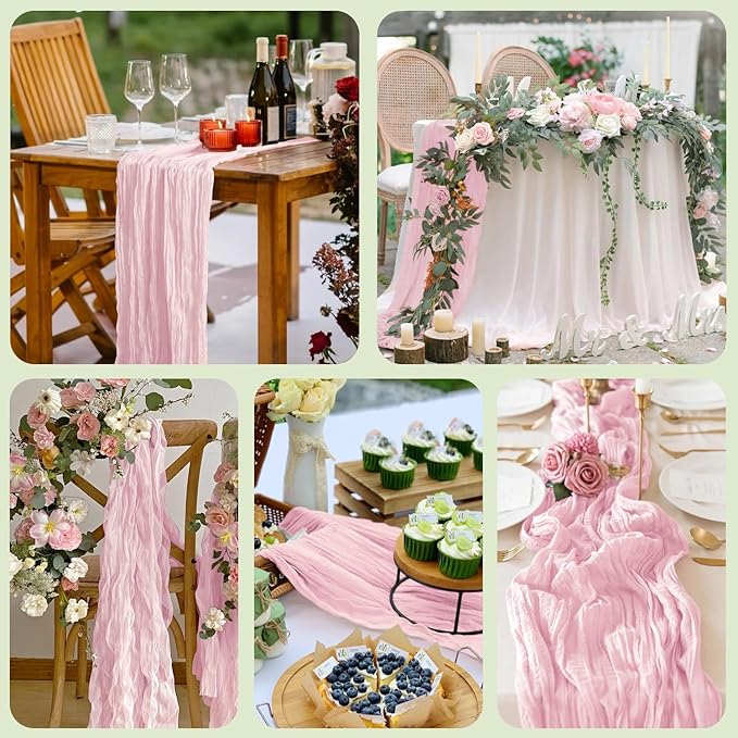 Wokceer Pink Cheesecloth Table Runner Spring 2Pack 10FT Blushing Pink Boho Gauze Easter Table Runner for Party Rustic Sheer Runners for Baby Bridal Shower Wedding