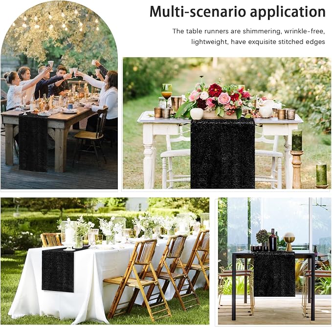 10 Packs 12 x 72 inches Sequin Table Runner, Black Glitter Table Runner for Birthday Party Supplies Wedding Engagement Baby Shower Holiday Celebration Event Decorations