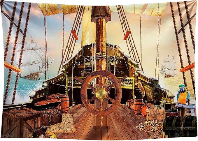 15x10Ft Pirate Ship Backdrop for Photography Nautical Treasure Map Old Wooden Deck Kids Boys Happy Birthday Supplies Baby Shower Decorations Background Banner Photo Studio Booth Props