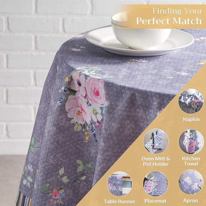Maison d' Hermine Table Cloth Round Table 100% Cotton 63 Round Inches Tablecloth Reusable Decorative for Dining Kitchen Room Farmhouse Party Home Spring Summer - Sweet Rose Lavender - Country Garden