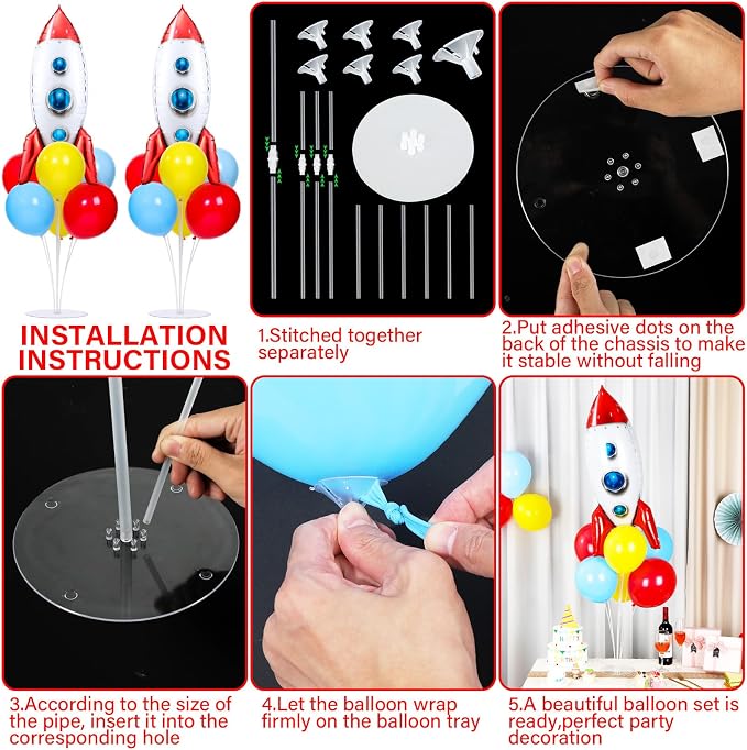 Toy Inspired Themed Party Story Balloons Stand Kit 2 Sets With 2 Rocket Foil Balloons Toy Themed Red Blue Yellow Balloon Centerpiece for Tables for Boys Birthday Baby Shower Cartoon Party Decorations