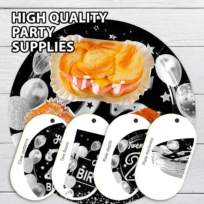 Grencian 96Pcs 25th Birthday Decorations Black Silver 25th Birthday Party Plates Disposable Paper Tableware Set for Women Men Happy 25 Year Old Graduation Decorations 2026 Supplies Serves 24