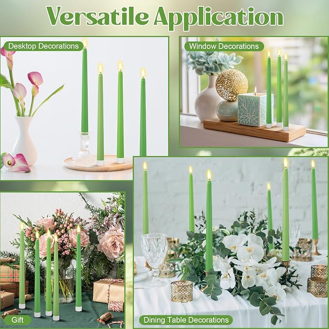 Macarrie 24 Packs Flameless Taper Candles Battery Operated Fake 11 Inch Long Candlelight LED Flameless Candlesticks Flickering Tapered for Summer Fall Wedding(Spring Green)
