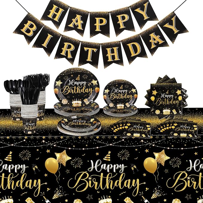 Vesici 171 Pcs Happy Birthday Party Supplies 24 Set Disposable Party Tableware include Plates Cups Napkins Cutlery and Banner Tablecloth Birthday Dinner Decorations for Men Woman(Black, Gold)