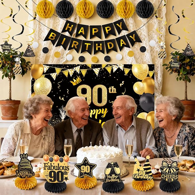 Happy 90th Birthday Party Decoration: Including Birthday Banner Backdrop, Party Table Centerpieces and Hanging Swirl Party Streamers, Birthday Decor for Men and Women (Gold/Black, 90th Birthday)