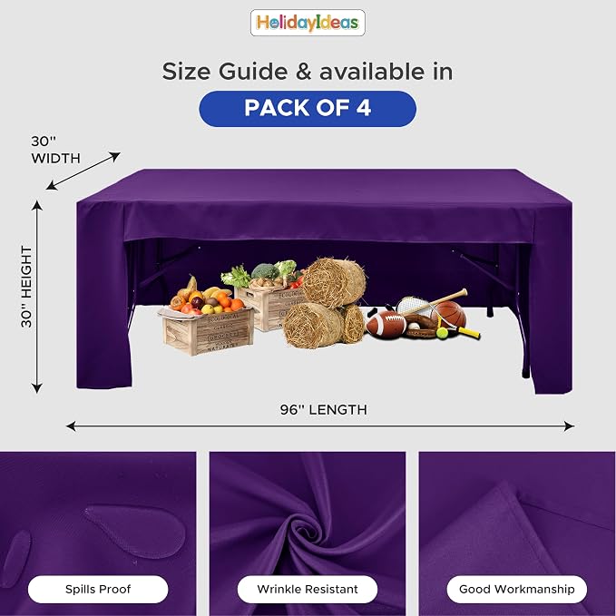 HolidayIdeas 4-Pack 8ft Open Back Fitted Tablecloths for Craft Shows Purple | 3-Sided coverage wrinkle resistant tablecloths for vendor booths,banquet events,outdoor pop-up shop
