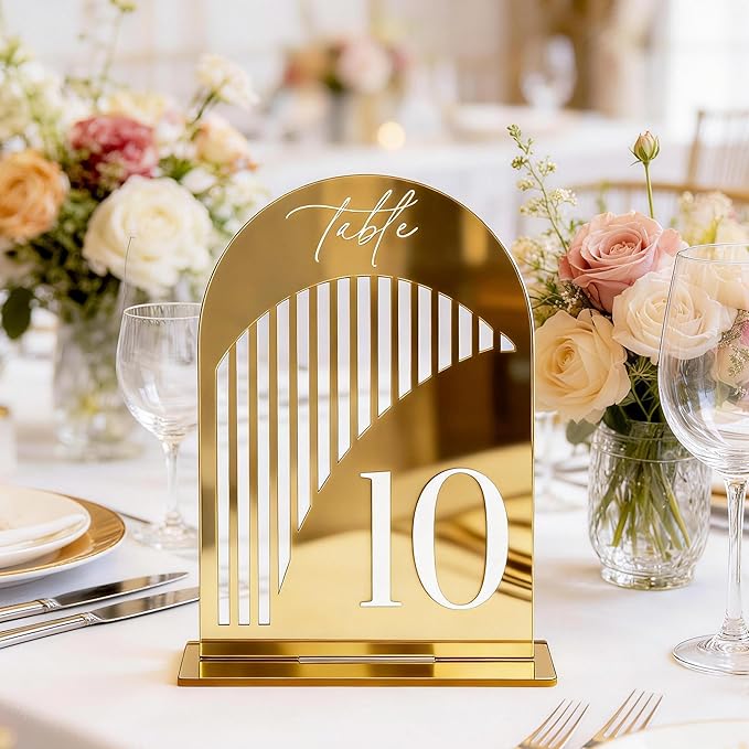 Gold Mirror Arch Wedding Table Numbers 1-10 w/Stand, Gold Mirror 5.5" x 7” Arch Acrylic Signs with Holders, Table Numbers for Wedding Reception, Centerpiece, Anniversary, Party, Event