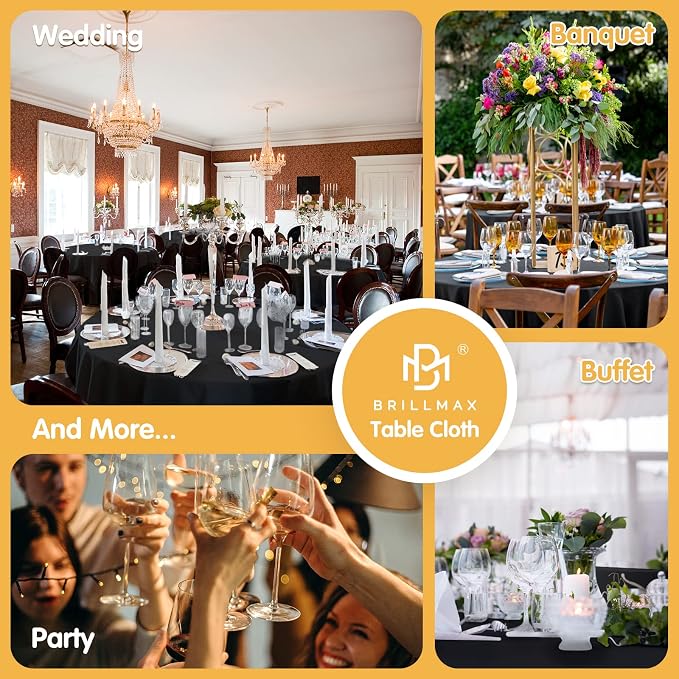 BRILLMAX 10 Pack Black Round Tablecloths 90 Inch for 60” Tables - 150 GSM Polyester Fabric, 15" Standard Drop, Water, Stain & Wrinkle Resistant Cloth Cover for Wedding Reception Banquet Dining