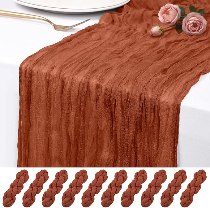 10 Pack Terracotta Cheesecloth Table Runner 17x108 Inch Semi Sheer Boho Rustic Gauze Cheese Cloth Table Runners for Wedding Party Birthday Baby Shower Home Décor