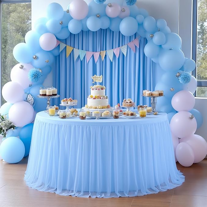 HB HBB MAGIC Baby Blue Tablecloth for Round Table 72 inch Stretchy Elastic Fitted Round Table Cloth Cover 120 inch, Tulle Table Cloth with Skirt Baby Shower Birthday Party Cake Tables Decorations