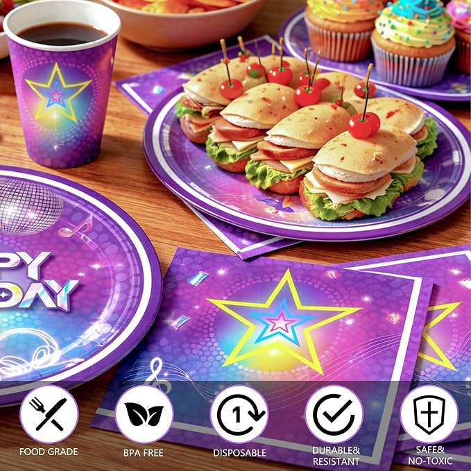 168pcs Kpop Birthday Party Plates Napkins Purple Magical Music Party Supplies Disposable Tableware Set Dance Birthday Decorations for Girls Serve 24 Guests