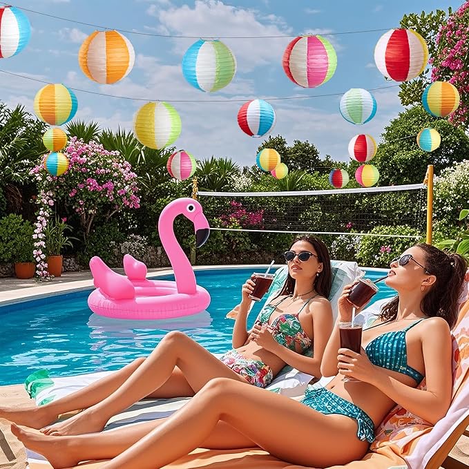 Easy Joy 16PCS Pool Party Decorations, Summer Beach Ball Paper Lanterns, Colorful Luau Themed Round Hanging Decorations, for Home, Office, Room, Outdoor, Birthday, Classroom, Party Supplies