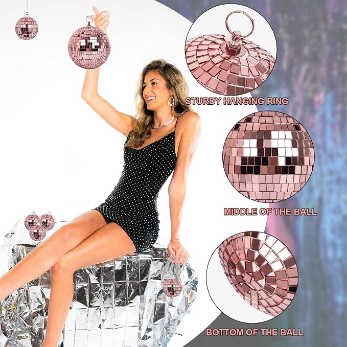 Mirror Balls, MUZTOP 14 Pack Disco Ball Ornaments Hanging Disco Mirror Ball for DJ Stage Club Wedding Holiday Home Party Decor, 6 Inch, 2 Inch (Rose Gold)