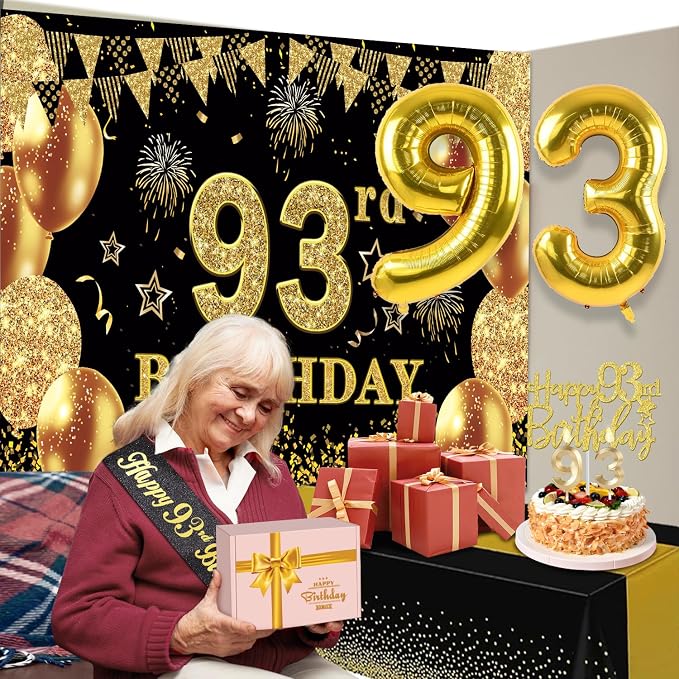 93rd Birthday Decorations Men Women with 93rd Birthday Banner, Black and Gold Table Cloth, Number Balloons, Sash, Cake Topper and Candles