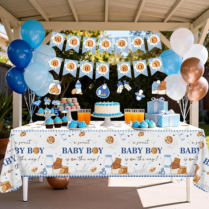 Milk and Cookies Baby Shower Decorations Kit:134 Pcs Welcome Baby Boy Plates Napkins Tablecloth Banner Hanging Swirls Cake Toppers Balloons Cookies Baby Shower Decorations for Boy
