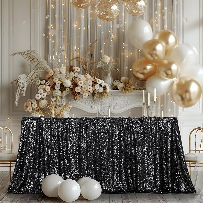 Poise3EHome Black Sequin Tablecloth 90×132 Inch Rectangle Sparkly Fabric Table Cloth for Halloween Birthday Wedding Party Holiday Decoration