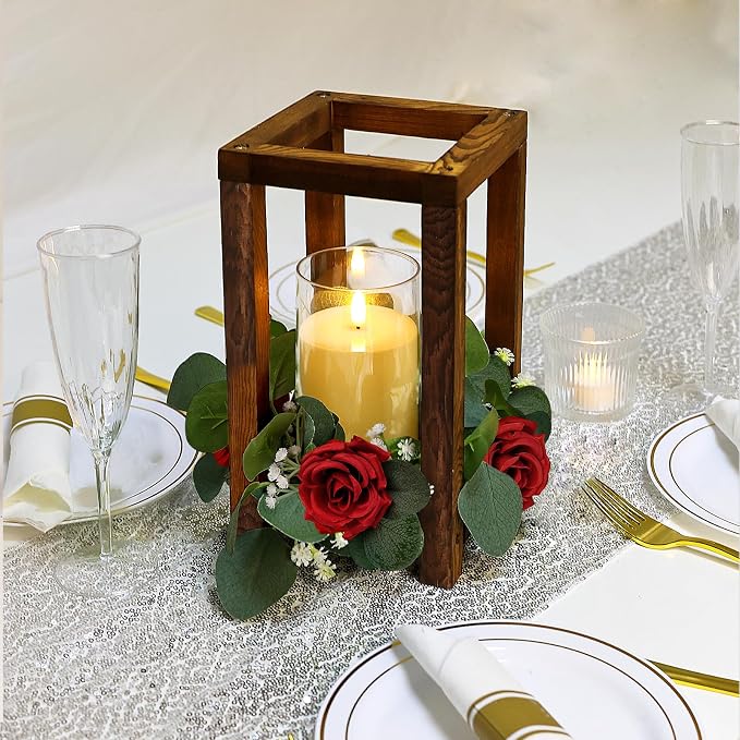 18 Pcs Wedding Wooden Lantern Centerpiece - Rustic Wooden Candle Lantern with Rose Candle Rings Wreaths LED Candles for Valentine Wedding Party Country Farmhouse Table Decor