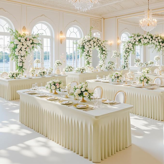 Suppromo 6ft Beige Spandex Tablecloths for Rectangle Tables Wrinkle Free Beige Rectangle Table Cloth Stretch Fitted Table Cover with Skirt for Wedding Birthday Party Banquet Baby Shower Buffet Event