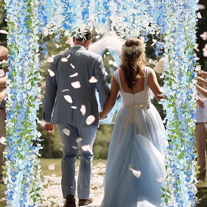 Thiccywoov 8pcs Wisteria Artificial Flowers Garland, 7.2Ft/Piece Wisteria Hanging Flowers Garland for Wedding Arch Decoration Outdoor Ceremony Home Backdrop Garden (Light Blue,Dark Blue,White)