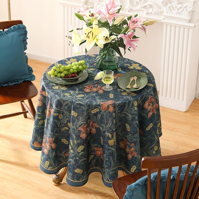 patdrea Vintage French Linen Tablecloth,Round,Diameter 67"-Herbert C | Elegant Table Cloth for Round Table,Navy Blue Floral Patterned,Dining Room Tea Party Thanksgiving Coffe Table
