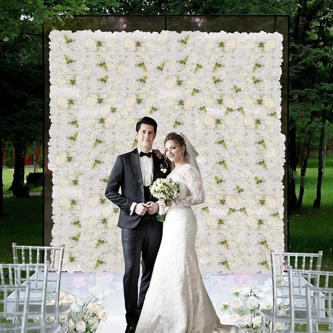 3D Flower Wall Backdrop - 12Pcs 15×15 Inch Artificial Rose Panels White Silk Floral Decor for Home Party Wedding Anniversary Birthday Photographic Studio Background & Decorative Fences