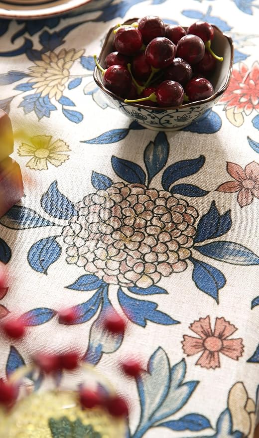 patdrea Vintage French Linen Tablecloth,Rectangular,87"x63"-Ivar A | Elegant Colorful Table Cloth for Rectangle Table,Blue and White Floral Patterned,Dining Room Tea Party Thanksgiving