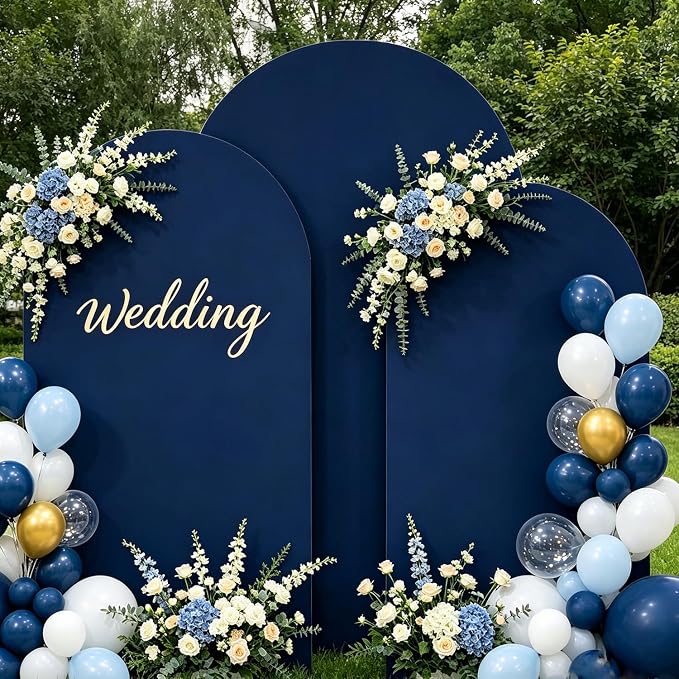 Arch Backdrop Stand and Cover Set (7.2ft,6.6ft,6ft) Metal Arch Frame Stand Gold with Navy Blue Cover for Wedding Birthday Party Baby Shower with Storage Bag(Navy Blue, 7.2FT+6.6FT+6FT)