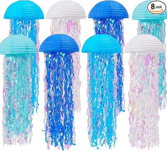 Mermaid Party Decorations, Jellyfish Paper Lanterns Blue White Hanging Lantern for Mermaid Birthday Party Baby Shower Under The Sea Ocean Blue Birthday Decorations Pack of 8