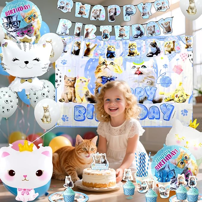 142Pcs Cat Birthday Decorations,Cat 1st Birthday Party Supplies, Cat Birthday Party Decorations Include Plates Cups Napkins Tablecloth Balloons Cake Toppers for 10 Guests