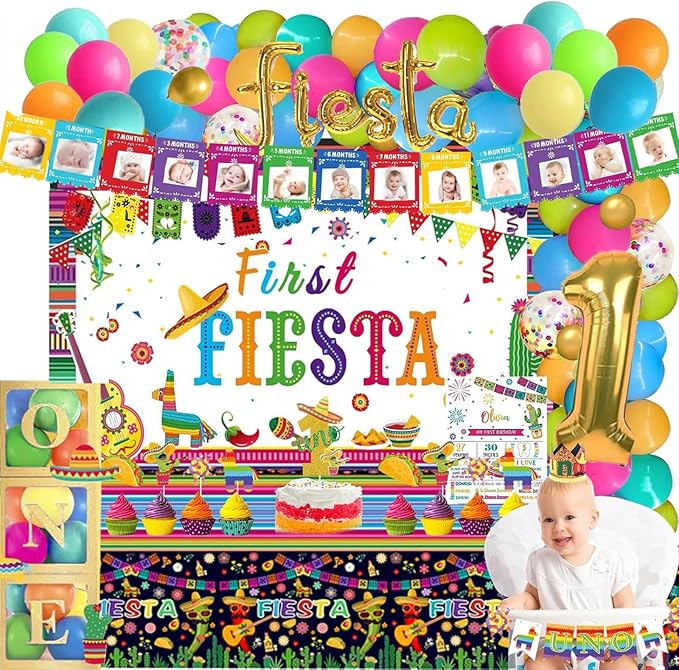 First Fiesta Birthday Decorations, Mexican Theme 1st Uno Party Decorations Backdrop Balloon Monthly Photo Highchair Banner Tablecloth Cake Cupcake Topper Box Cutout Crown Poster