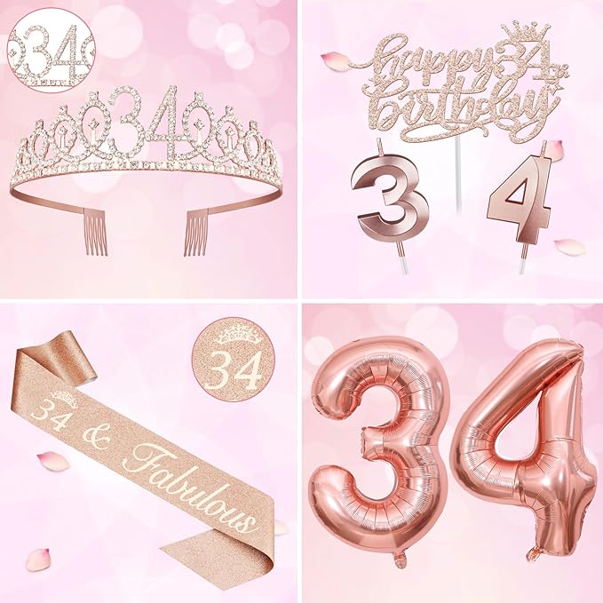 34th Birthday Decorations for Women, Including 34th Birthday Sash and Tiara, Cake Topper and Candles, Number Balloons, 34 Year Old Gifts for Women