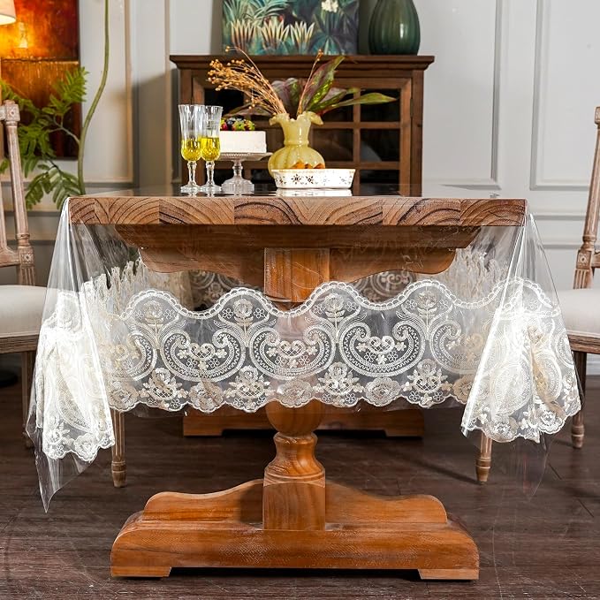 ARTABLE Vinyl PVC Rectangle Tablecloth Waterproof Clear Table Cover with Champagne Lace Macrame Border for Wedding Kitchen Home Outdoor Indoor Holidays Party Decor (Beige, 60 x 120 Inch)